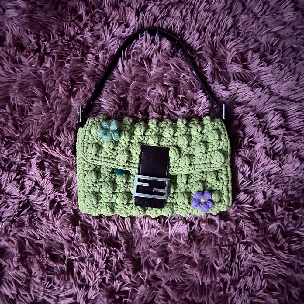 Green Handbag with Floral Accents